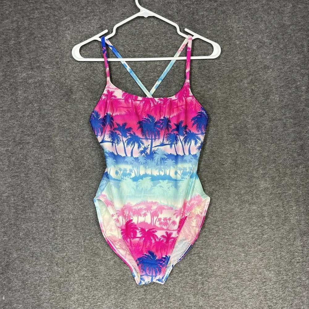 Vintage Catalina Swimsuit Size L Tropical Floral Pink Blue One Piece High Cut